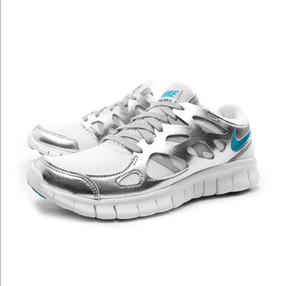 Nike free run 2, silver, white & teal, size 8